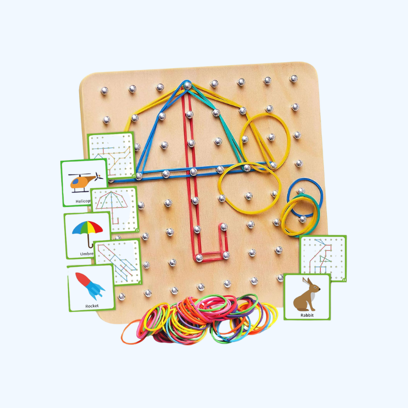 Montessori Geobord Houten Educatief Speelgoed | 30 Patroonkaarten & 40 Elastieken | STEM Spel