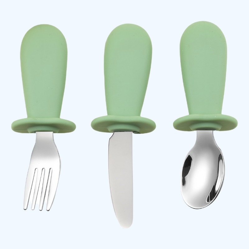 3-delige Rvs Lepel Vork Mes Set met Silicone Handvatten, Zachte Randen, Comfortabele Eetbestek voor Baby's