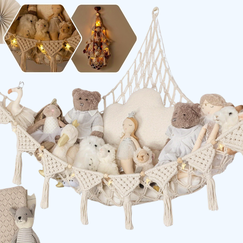 Cozy Witte Macrame Dierenhammok | Jumbo Speelgoed Organisator met LED Licht | Ideaal voor Knuffels, Beren en Zwanen | Perfect voor Kinderkamer en Slaapkamer Decor