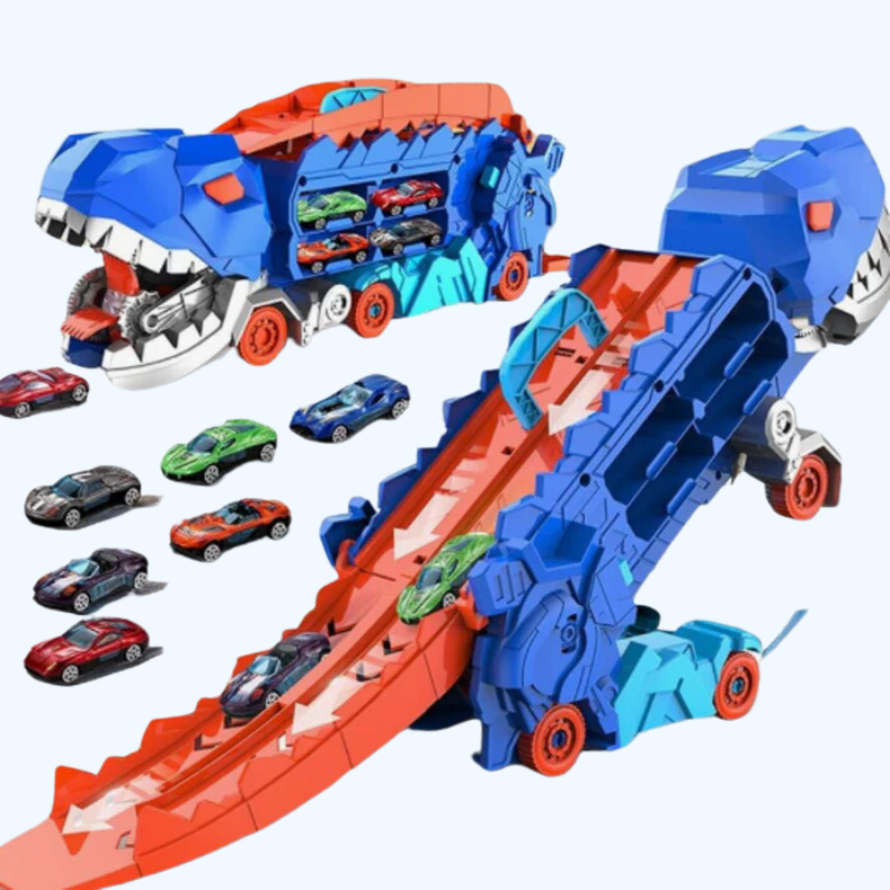 Dinosaurus Transporttruck met Racebanen 3-in-1 speelset met autotransport, opslag en racebanen | Dynamisch speelgoed voor kinderen