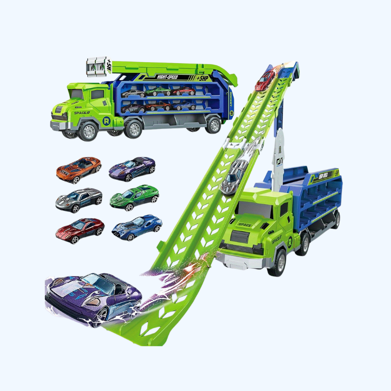 Dinosaurus Vrachtwagen Racebaan Set – Vouwbare Wrijvingsgevoede Auto's & Vrachtwagen voor Kinderen 3+ | Groene ABS, Leuk Avontuur voor Jongens & Meisjes