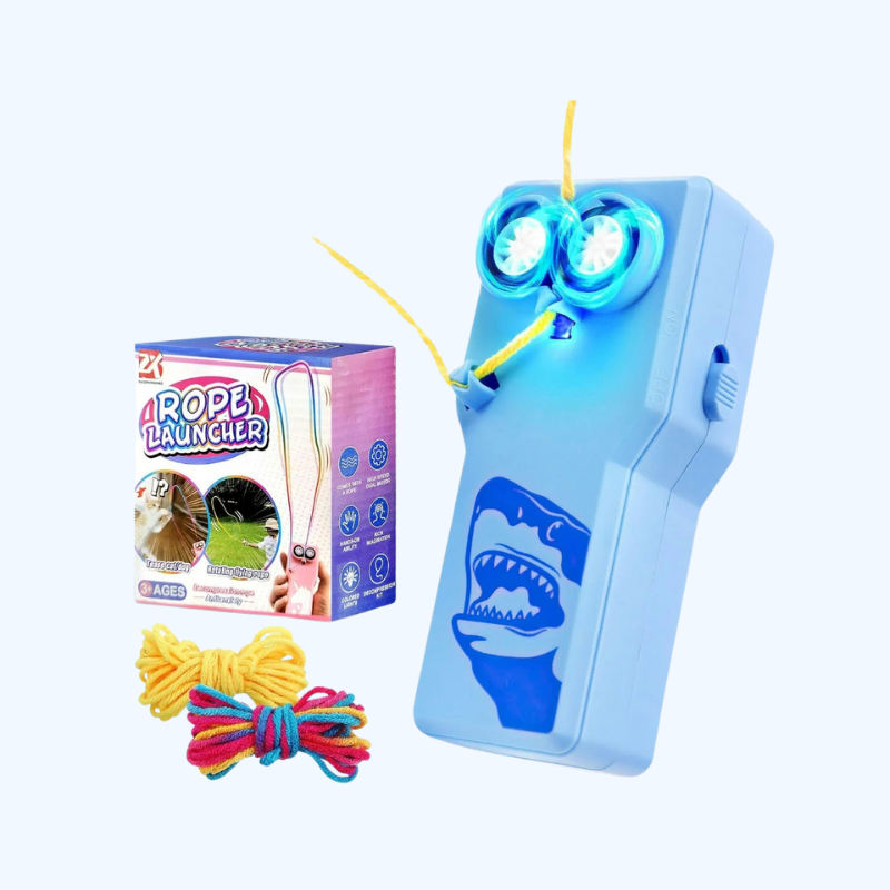 Draagbare koordlanceerder voor peuters - Elektrisch koordspeelgoed met donkerblauw haai-ontwerp, leuk cadeau voor kinderen en volwassenen.