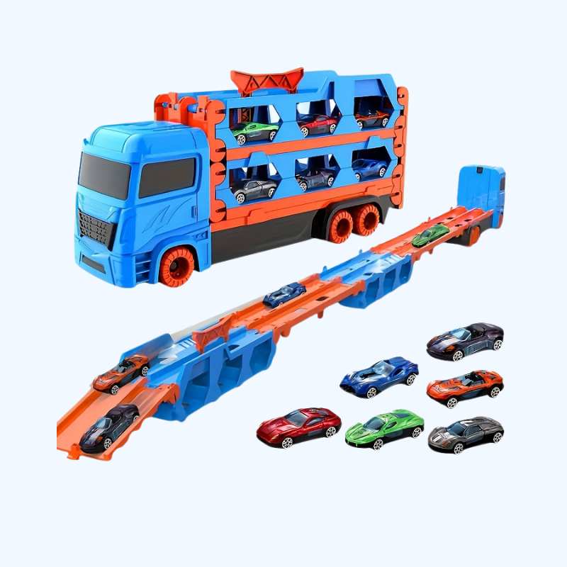 Grote Opvouwbare Racebaan | Set van 6 Transformerende Auto’s, Opbergcontainer Vrachtwagen met Legering, Perfect Cadeau voor Halloween & Kerst