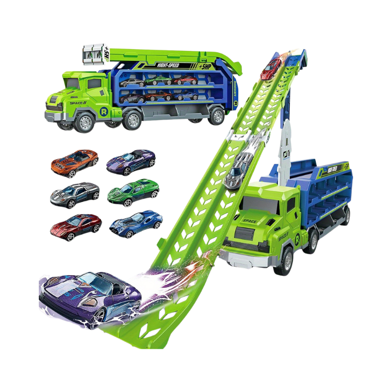 Dino Transport Truck & Racebaan Speelgoed | Wrijvingsvoertuig met Uitklapbare Racebaan | Inclusief Auto's | Cadeau voor 3-6 Jaar