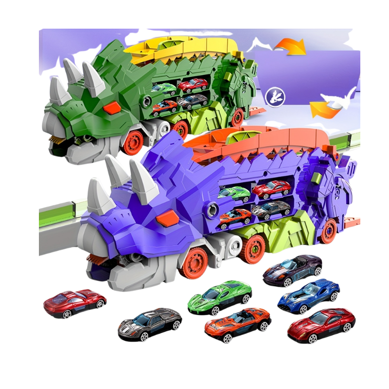 Triceratops Transport Truck 3-in-1 Speelset | Transformeerbaar Spoorweg-Lanceervoertuig | Inclusief Meerdere Metaalauto’s | Voor 3+ Jaar | Paars & Groen