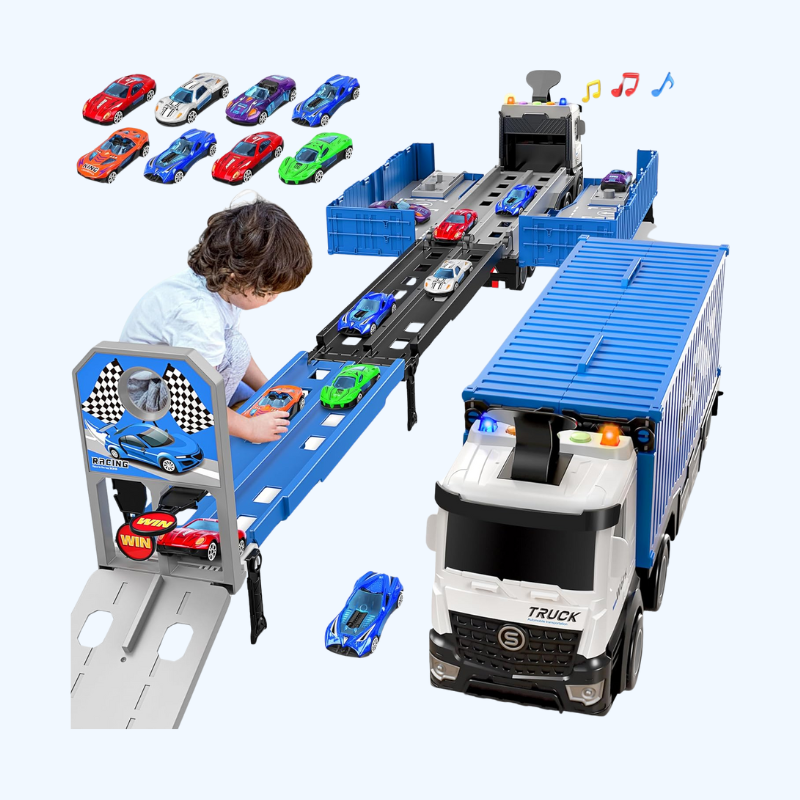 Transport Vrachtwagen Racebaan Speelgoed Voor Peuters, Opvouwbare 3-Lagen Speelset, Vrachtwagen Met 8 Raceauto's, Cadeau Voor Jongens En Meisjes Van 3-6 Jaar