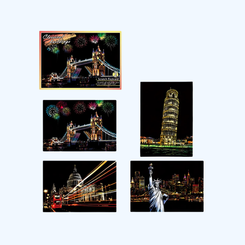 4-delige DIY Nachtlandschap Kras Schilderij Set | Educatief Kunstspeelgoed voor Kinderen, Stad & Landschap, Verjaardagscadeau & Kamerdecoratie