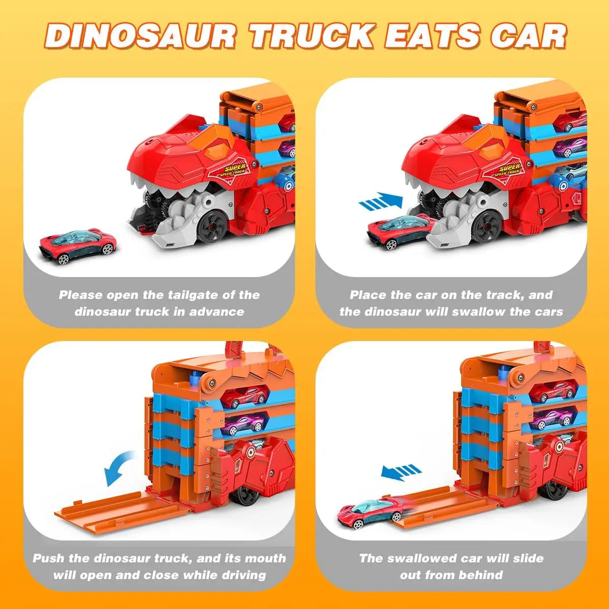 3-in-1 Dinosaur Transport Truck - Speelgoed met 8 kleine auto's, opvouwbaar spoor en geluidseffecten voor jongens van 3 jaar en ouder