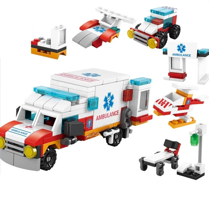 6-in-1 NIEUWE Ambulance Escortauto Helicopter Paramedic Dokter Mini Loader Truck Klassiek Model Bouwstenen Sets Bricks Stadsspeelgoed