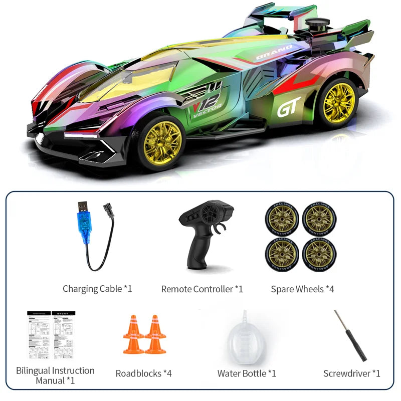 2.4G Neon Laser RC Raceauto | 4WD Hoge Snelheid Drift Voertuig met Sci-Fi Spray Effect | Speelgoed Cadeau voor Kinderen