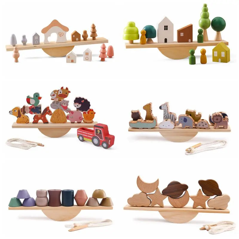 Houten Baby Dieren Balansbord Rijg Speelgoed - Houten Wip Stapelspeelgoed Blokken Bordspellen Montessori Educatieve Cadeaus voor Baby's