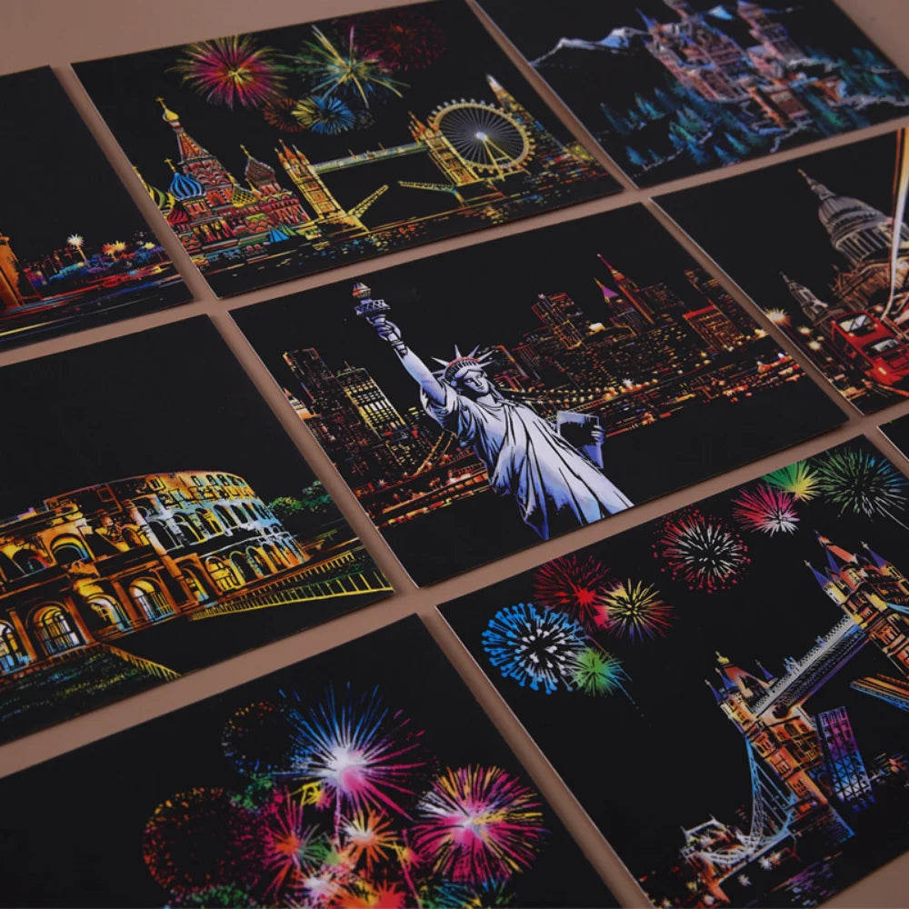 4-delige DIY Nachtlandschap Kras Schilderij Set | Educatief Kunstspeelgoed voor Kinderen, Stad & Landschap, Verjaardagscadeau & Kamerdecoratie