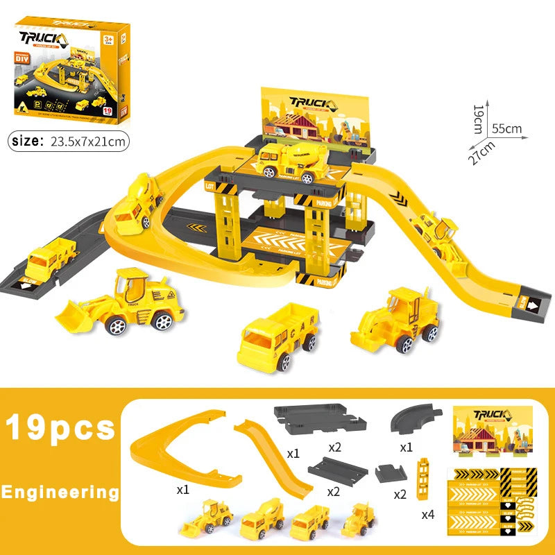 Parkeerbaan voor kinderen - Bouw autospan met politieauto's, brandweerwagens en dinosaurussen, cadeau voor kinderen