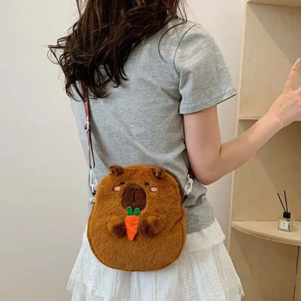 Dieren Cartoon Capibara Pluchen Schoudertas | Grote Capaciteit Rits | Capibara Crossbody Tas Mode Katoenen Cartoon Handtas