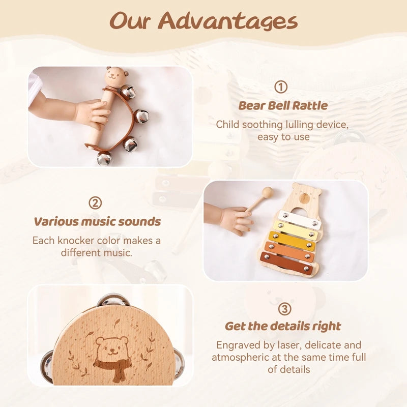 Montessori Muziekspeelgoed Voor Baby's, Muziekinstrument Voor 0-3 Jaar, Houten Educatief Speelgoed, Beertjesxylofoon