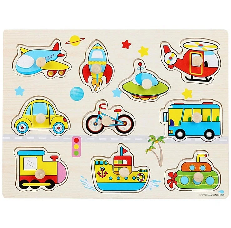 30cm Baby Toys Montessori Wooden Puzzle Hand Grab Board Educational Wood Puzzles for Kids Cartoon Animal Vehicle Gift for Child
