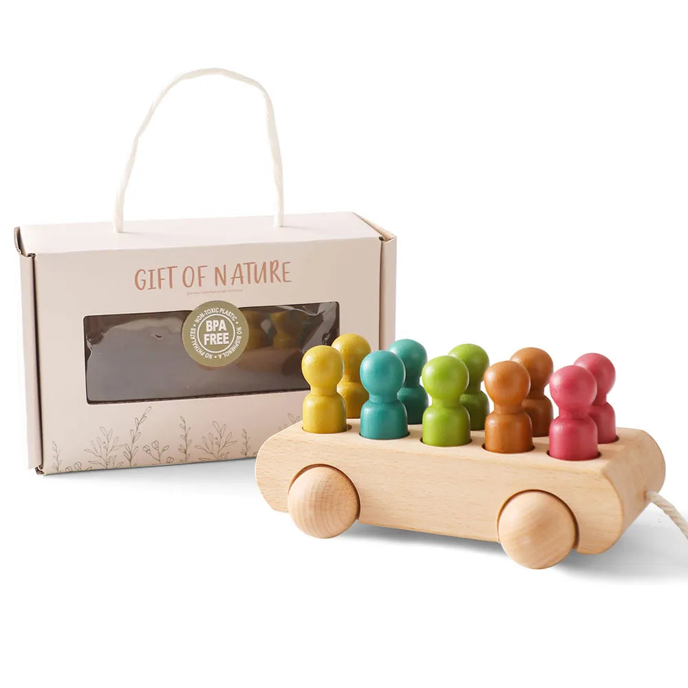 Houten Kleurrijke Beuken Loopwagen Speelgoed - Voor Baby's van 1 tot 3 Jaar met 10 Houten Poppen, Montessori Ontwikkelingsspeelgoed