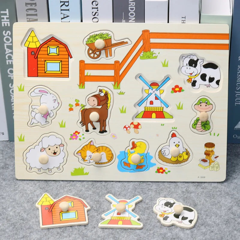 30cm Baby Toys Montessori Wooden Puzzle Hand Grab Board Educational Wood Puzzles for Kids Cartoon Animal Vehicle Gift for Child