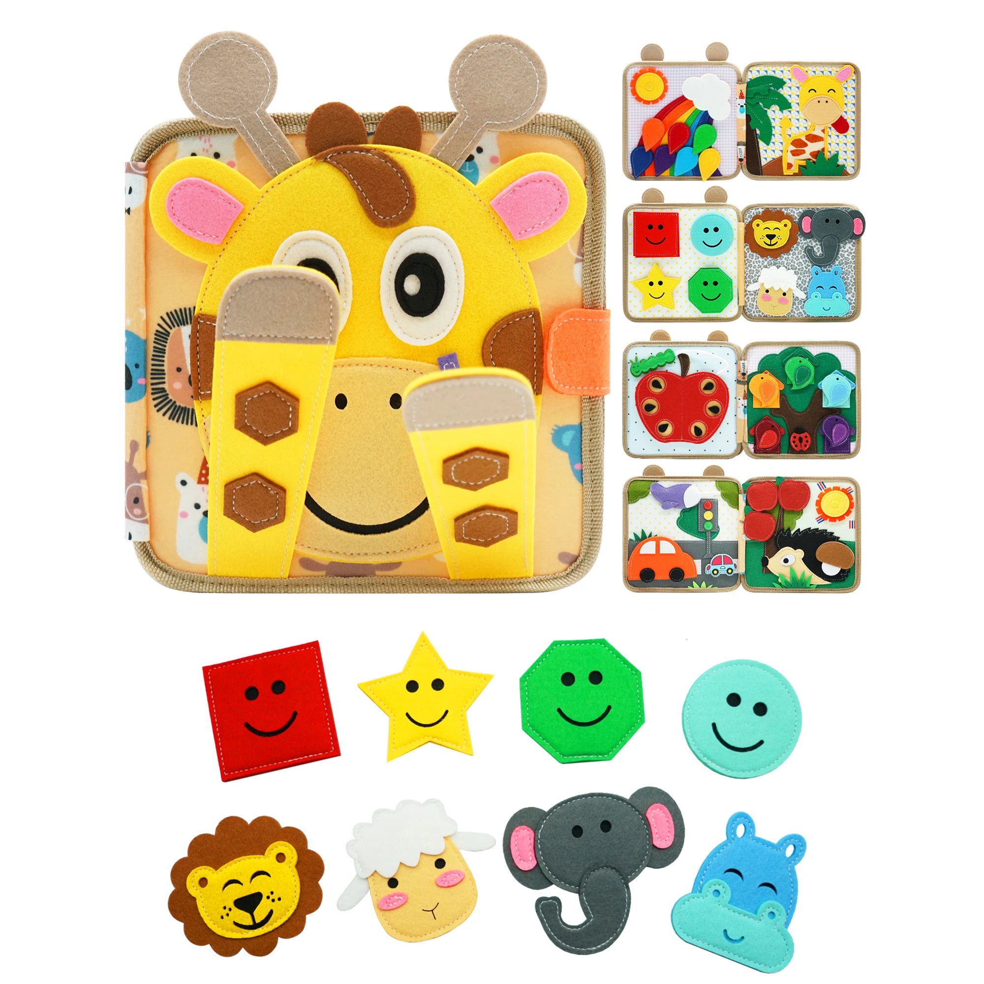 Montessori Giraffe Busy Board | Viltboek voor Fijne Motoriek