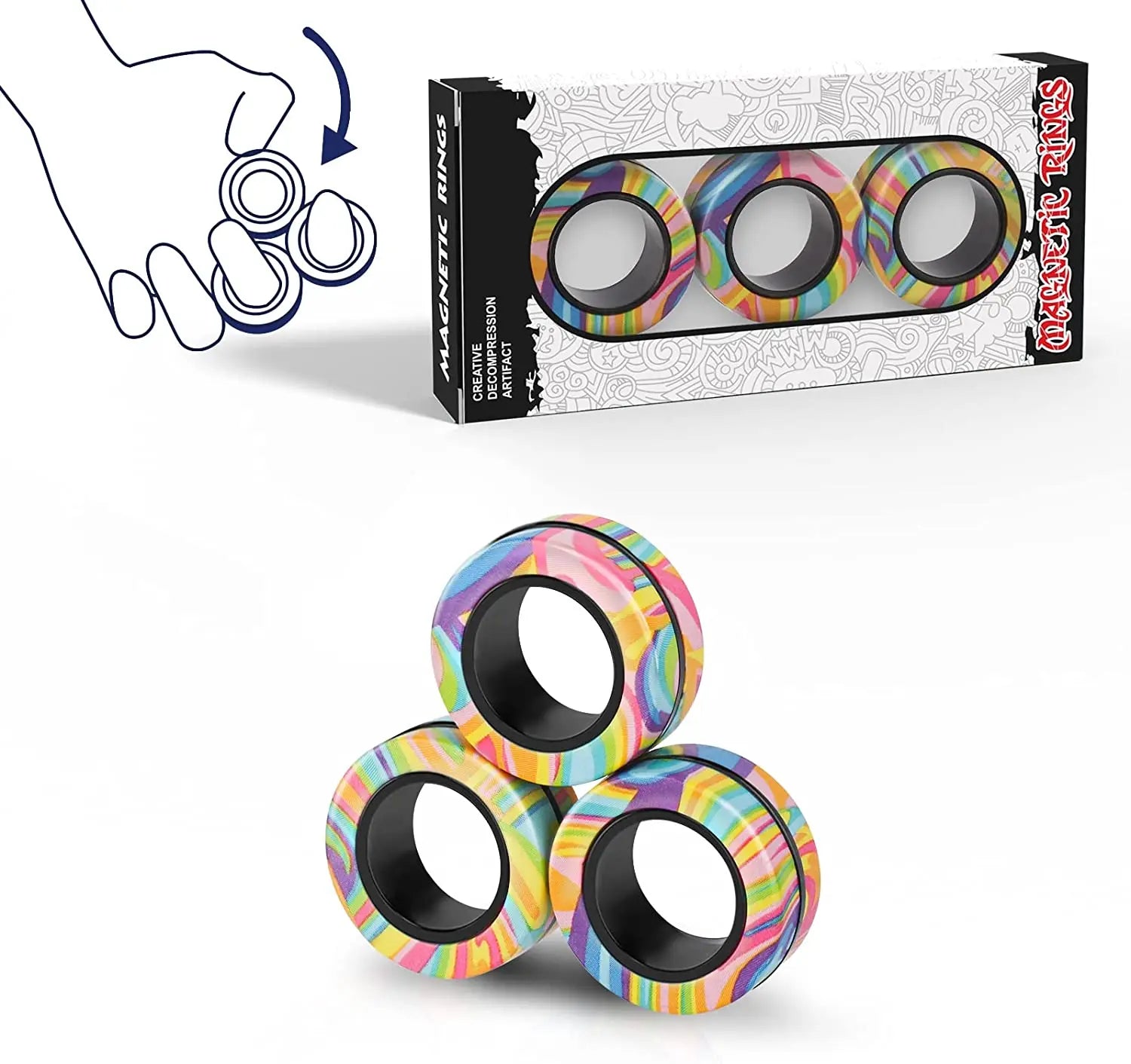 3 stuks vinger magnetische ringen | Kleurrijke fidget speelgoed set voor volwassenen en kinderen, magneet spinner ringen voor stressverlichting