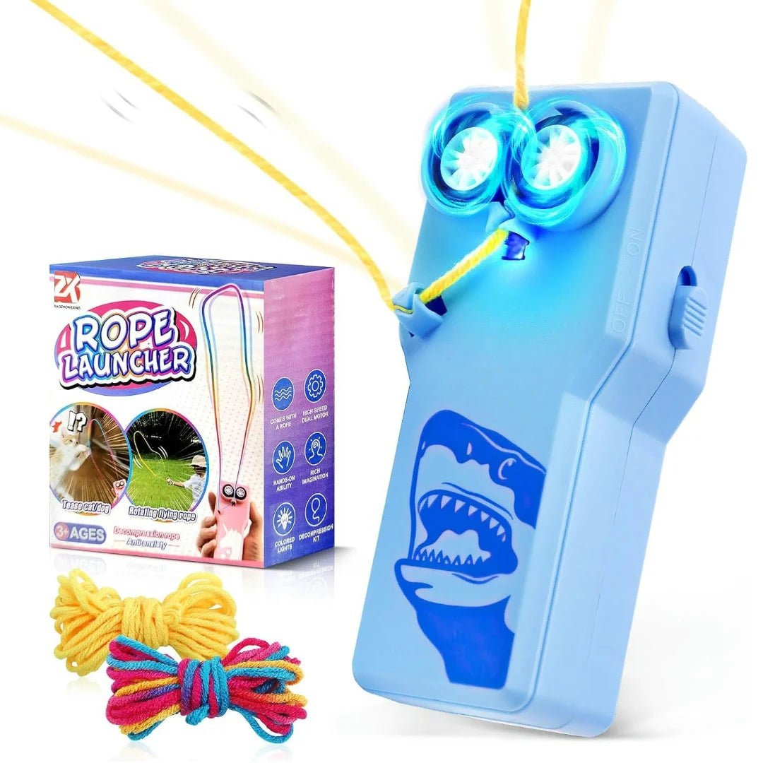 Draagbare koordlanceerder voor peuters - Elektrisch koordspeelgoed met donkerblauw haai-ontwerp, leuk cadeau voor kinderen en volwassenen.