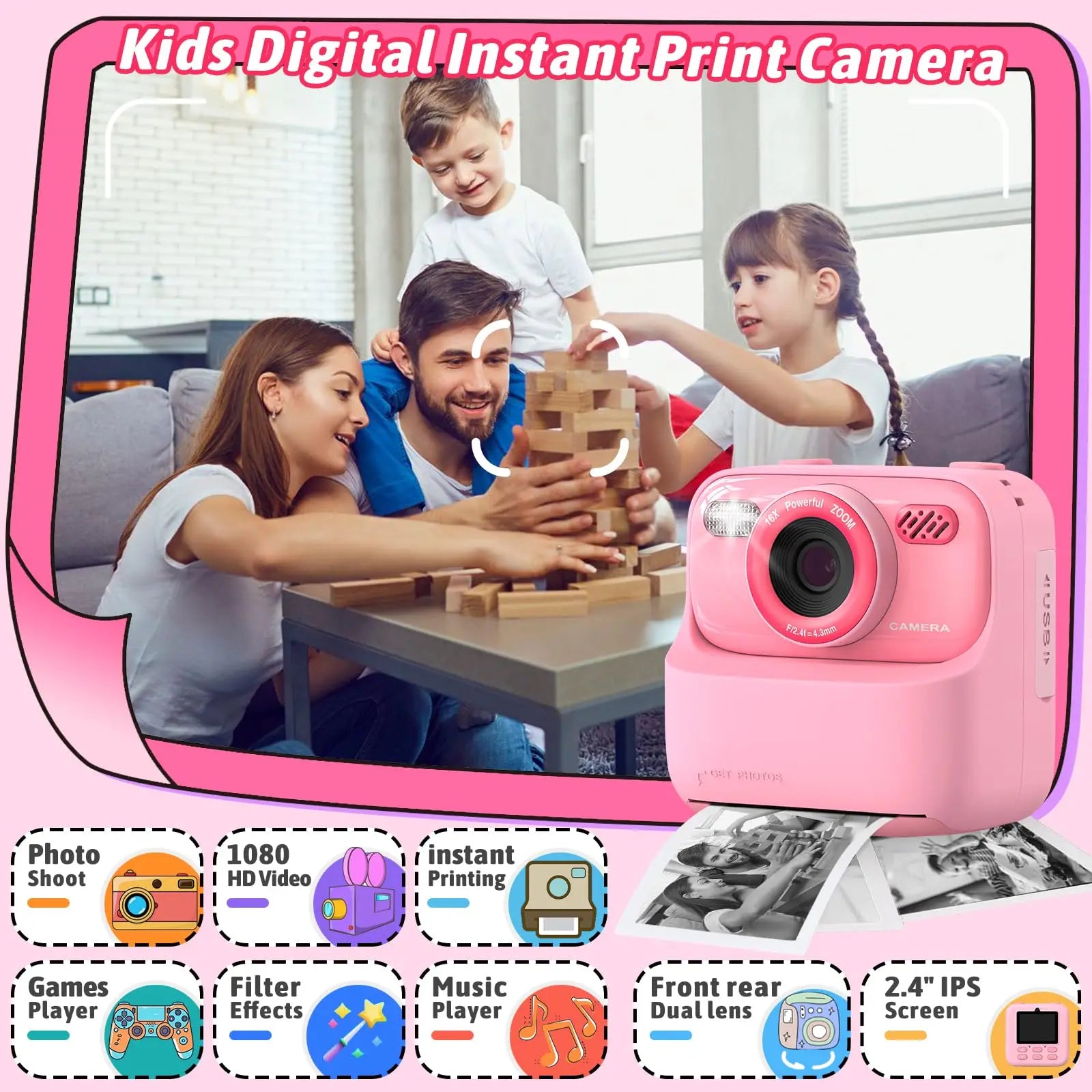 Kids Instant Camera - 1080P HD Selfie Digitale Camera Met 32G Print | Kerst- en Verjaardagscadeau