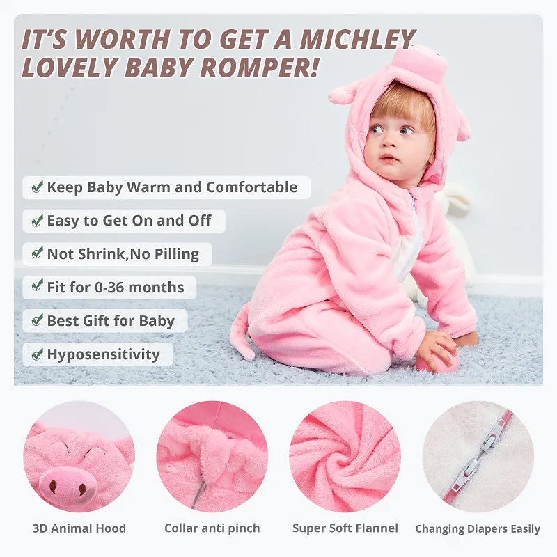 Roze Varkentje Babyromper | Flanellen Gevoerde Bodysuit Pyjama Jumpsuit