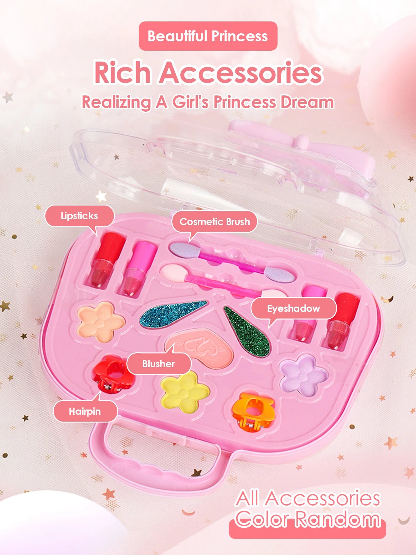 Kleine Beautycase voor Meisjes - Wasbaar Make-upspeelgoed Handtas, Prinses Beauty Kit voor Rollenspel