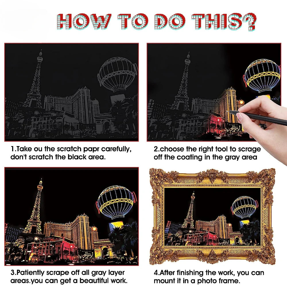 4-delige DIY Nachtlandschap Kras Schilderij Set | Educatief Kunstspeelgoed voor Kinderen, Stad & Landschap, Verjaardagscadeau & Kamerdecoratie