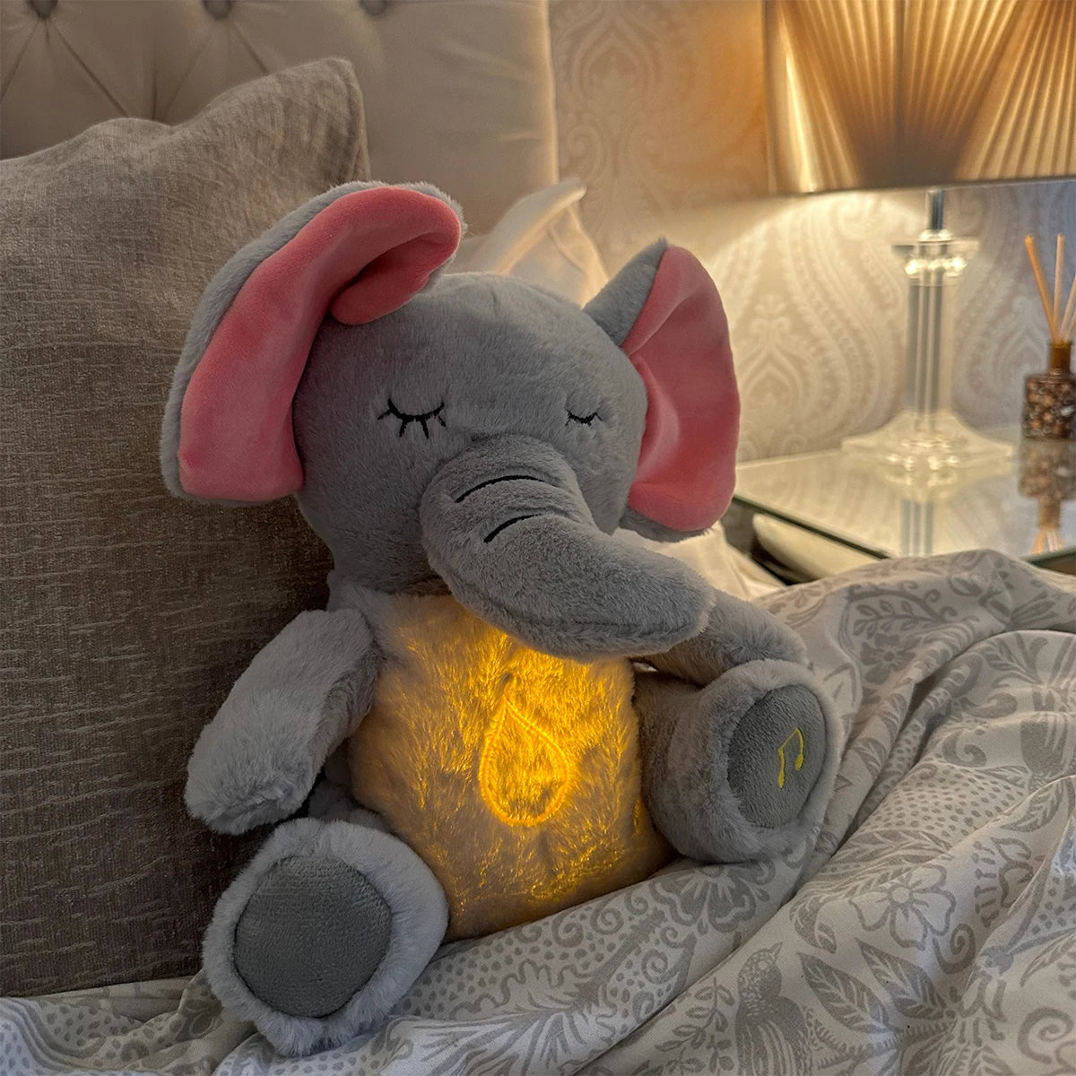 Ademende Knuffel Olifant | Muzikaal & lichtgevend pluchen knuffeldier – Slaapmaatje voor baby's