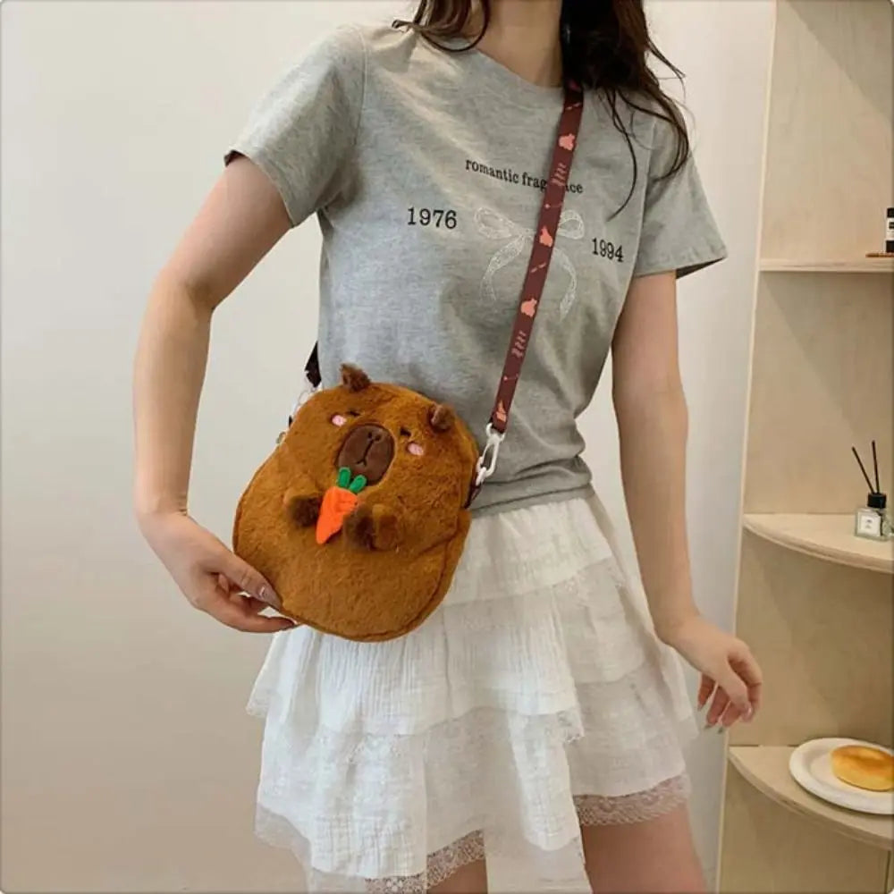 Dieren Cartoon Capibara Pluchen Schoudertas | Grote Capaciteit Rits | Capibara Crossbody Tas Mode Katoenen Cartoon Handtas