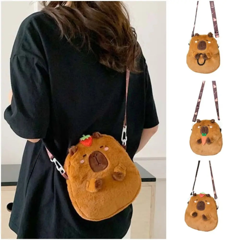 Dieren Cartoon Capibara Pluchen Schoudertas | Grote Capaciteit Rits | Capibara Crossbody Tas Mode Katoenen Cartoon Handtas