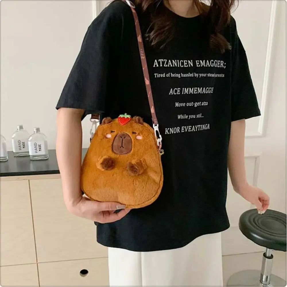 Dieren Cartoon Capibara Pluchen Schoudertas | Grote Capaciteit Rits | Capibara Crossbody Tas Mode Katoenen Cartoon Handtas