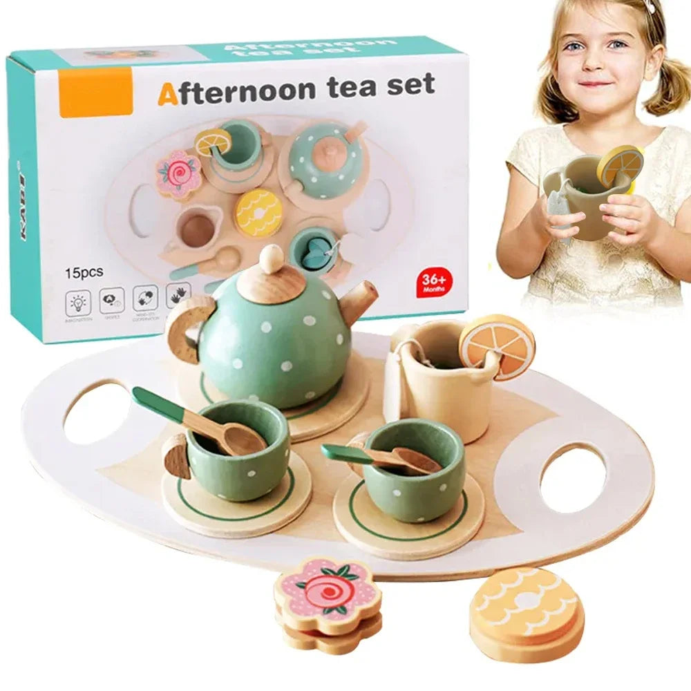 15-delige Houten Thee Speelgoed Set | Rollenspel Keukenaccessoires, Voedsel Speelset voor Kinderen, Rollenspel voor Peuters, Geschenken voor Jongens en Meisjes