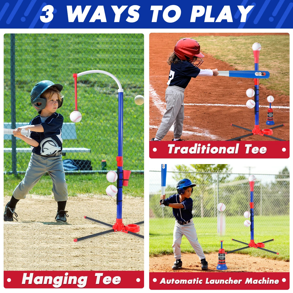 3-in-1 Baseball Speelset | T-Ball, Staande Bal & Auto Launcher