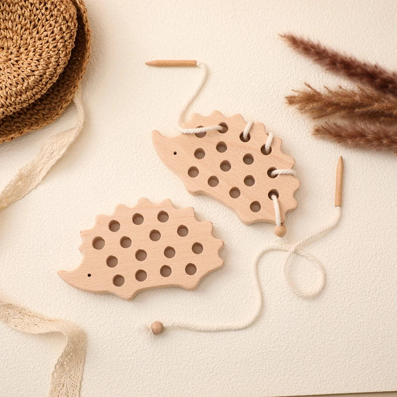 Houten Rijgspel Egel | Montessori Speelgoed voor Kinderen, Educatief Houten Beuken Speelgoed, Knoppen en Kralen, Puzzel voor Baby's, Cadeau