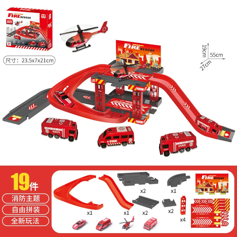 Parkeerbaan voor kinderen - Bouw autospan met politieauto's, brandweerwagens en dinosaurussen, cadeau voor kinderen