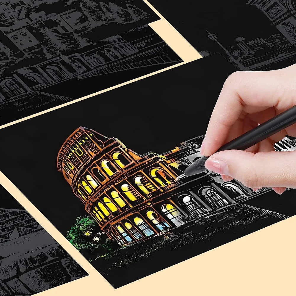 4-delige DIY Nachtlandschap Kras Schilderij Set | Educatief Kunstspeelgoed voor Kinderen, Stad & Landschap, Verjaardagscadeau & Kamerdecoratie