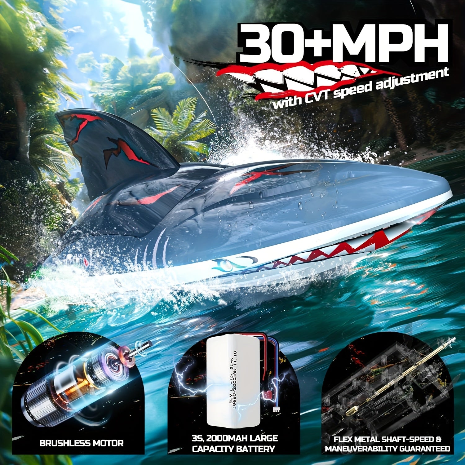 SharkWave RC-boot 30KM/U – Ultrasnelle brushless motor met LED, waterdicht race-speelgoed 2.4GHz