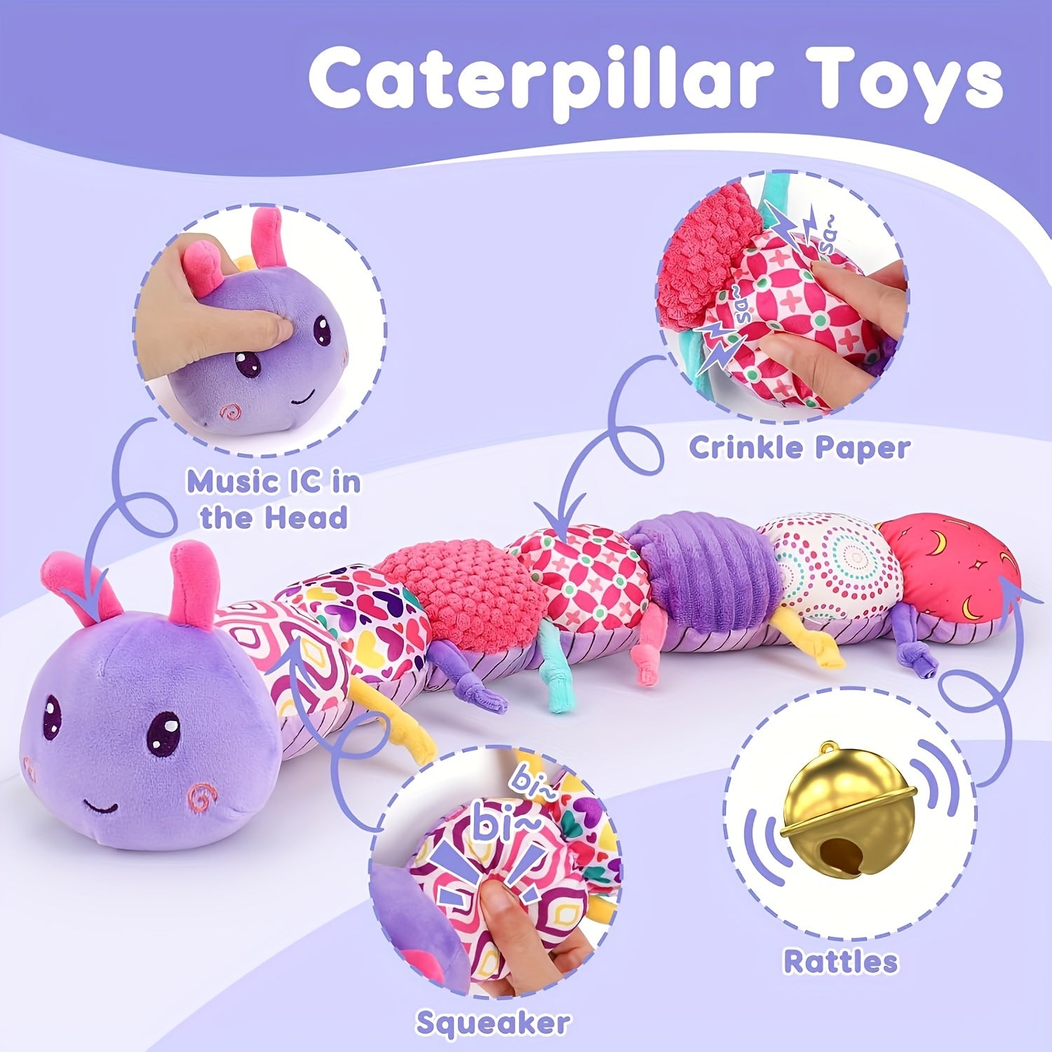 Muzikale Rups Knuffel | Baby Speelgoed met Rammelaar & Krasgeluid | Zintuiglijk Speelgoed voor 0+ Maanden