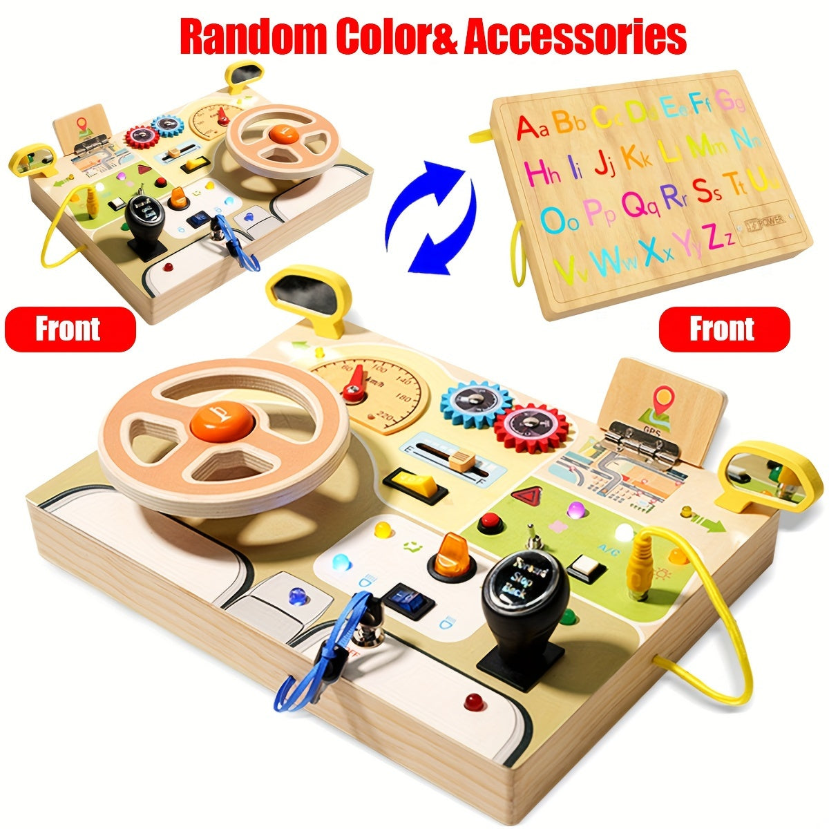 Interactief houten bord voor kinderen | Educatief stuurwiel met LED, muziek en sensorische activiteiten - Perfect reis speelgoed en cadeau voor Kerst/Halloween, assorti kleuren.