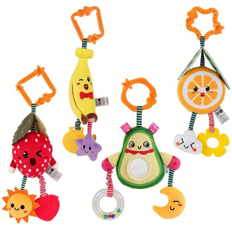 4-delige Baby Wagenspiraal Rammelaar | Pluche Speelgoed met Fruitdesign en Bevestiging