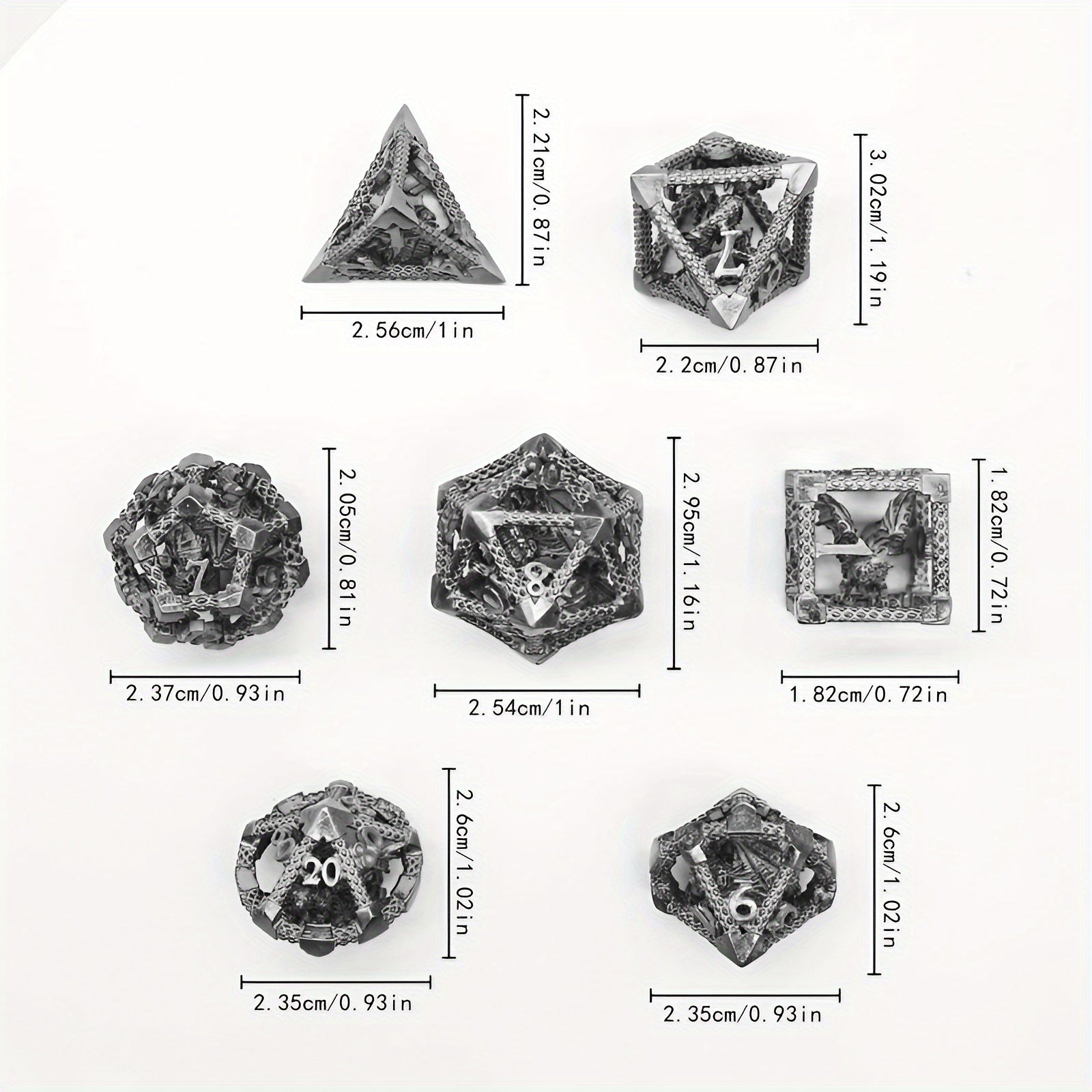 Metalen 3D Drakendobbelstenen – D&D RPG en Rekenonderwijs Set
