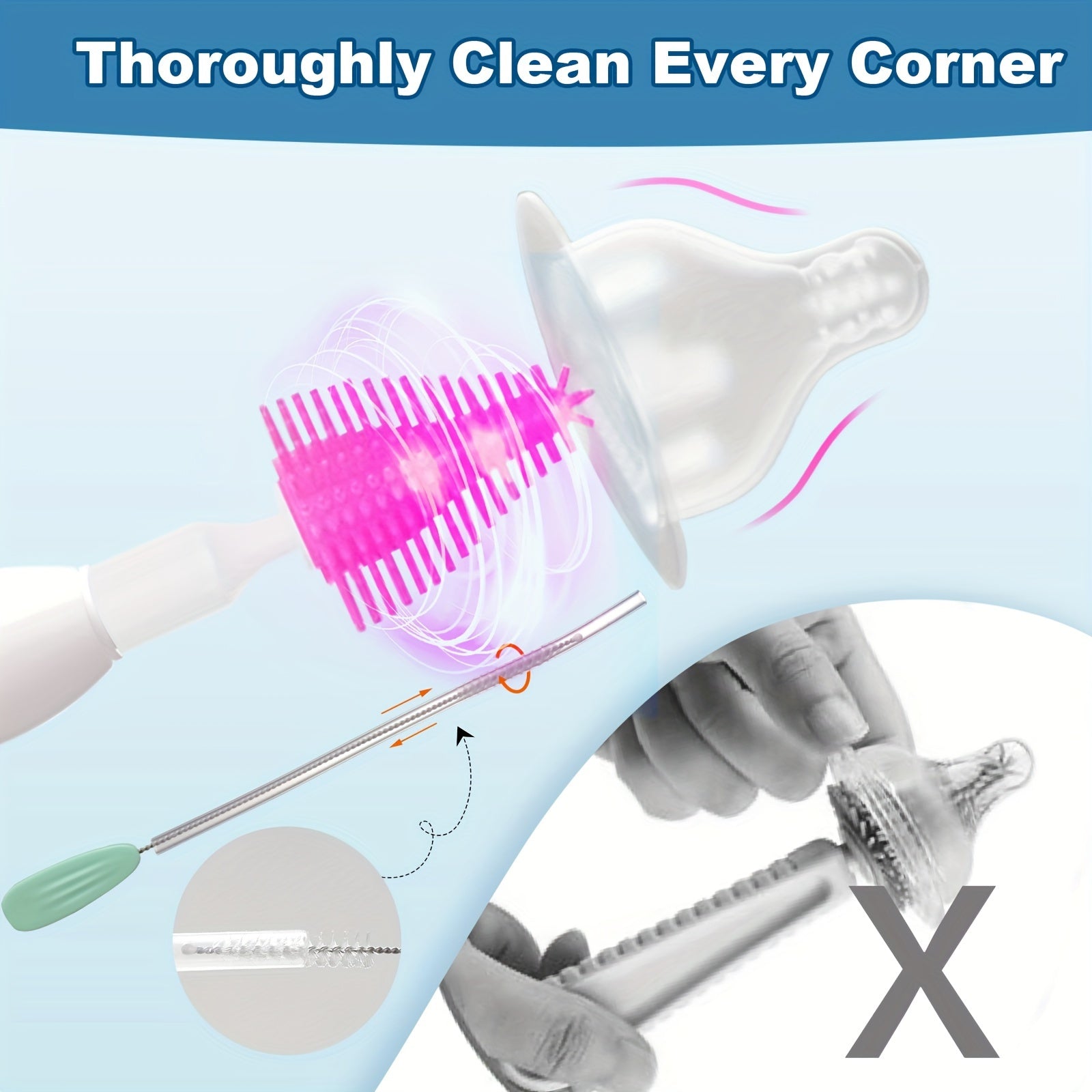 Kit de Brosses Électriques Rechargeables pour Biberons - Brosse en Silicone 4-en-1 Portable Voyage - Cadeau Indispensable pour Nouveaux Parents