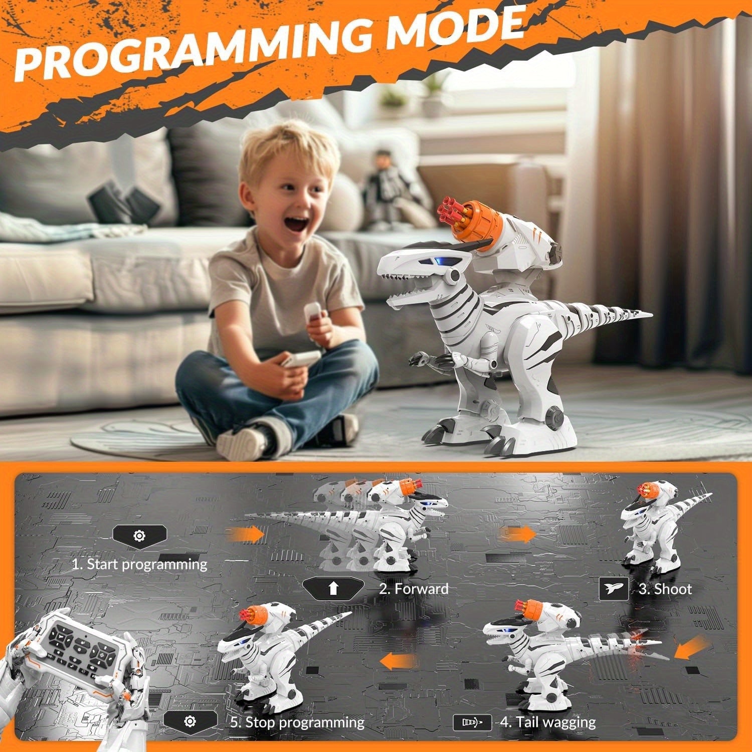 Interactieve afstandsbediening Robot Dinosaurus - Programmeerbaar speelgoed met aanraaksensor, LED-ogen & muziek | Spelenderwijs leren kinderen