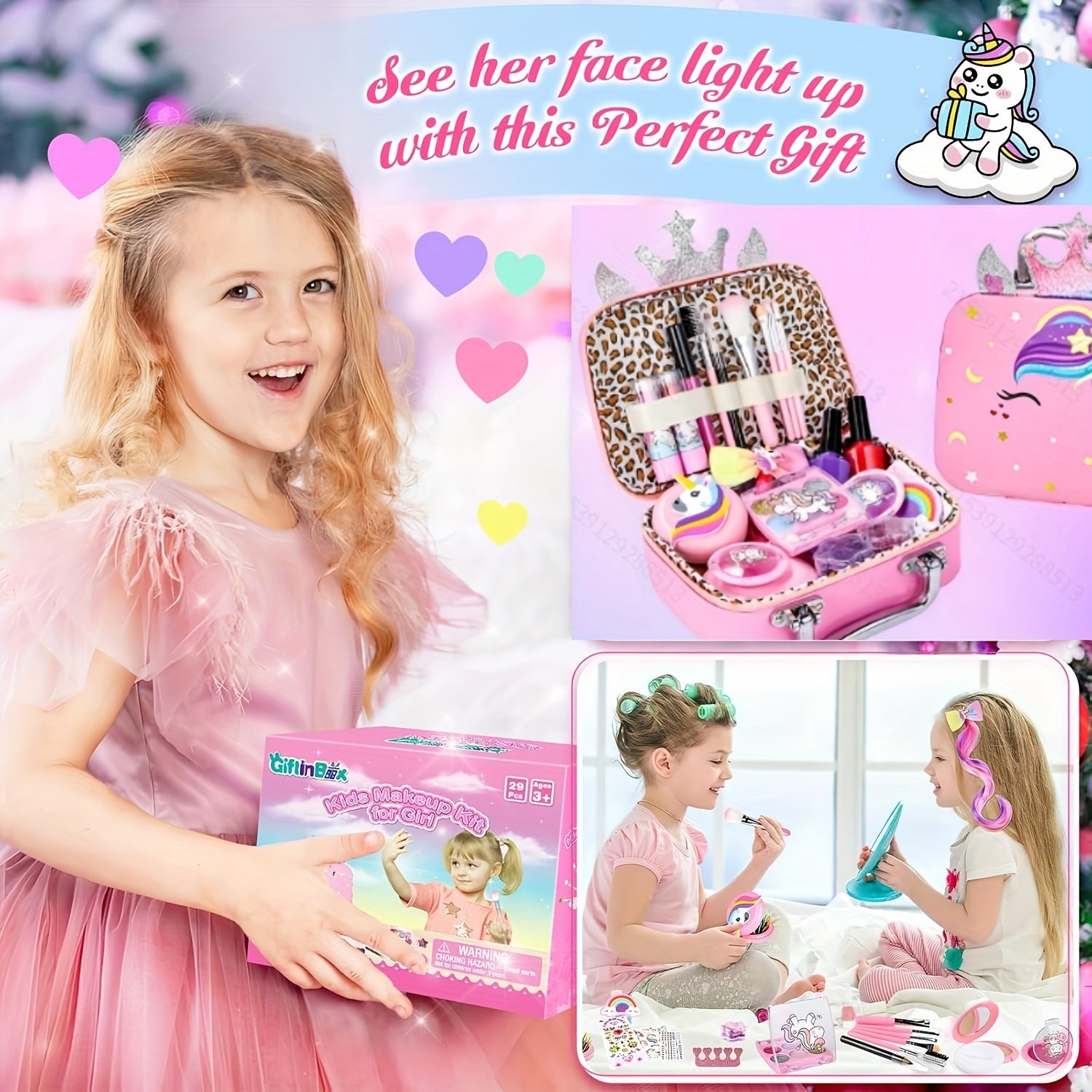Make-up Set voor Kinderen - Afwasbare Make-up met Eenhoorn Tas - Voor Meisjes van 3 tot 12 Jaar - Ideaal voor Rollenspel & Verjaardags- of Kerstcadeaus