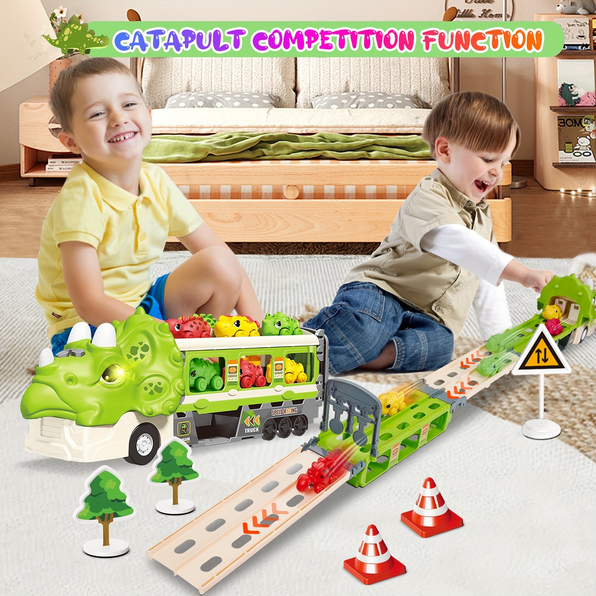 Dinosaurus Speelgoed voor Jongens van 3-5 Jaar, Triceratop Transport Vrachtwagen met 6 Dinosaurus Auto's, Activiteit Speelmat, Jurassic World Park Dinosaurus Speelgoed Set voor Peuter Verjaardag