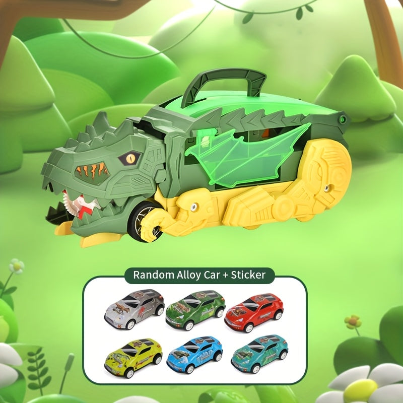 Dinosaurus Vrachtwagen Speelgoed Set, T-Rex met 6 Mini Auto's, Willekeurige Legering Auto's, Leuk Verjaardags- & Kerstcadeau voor Kinderen van 3-6 Jaar