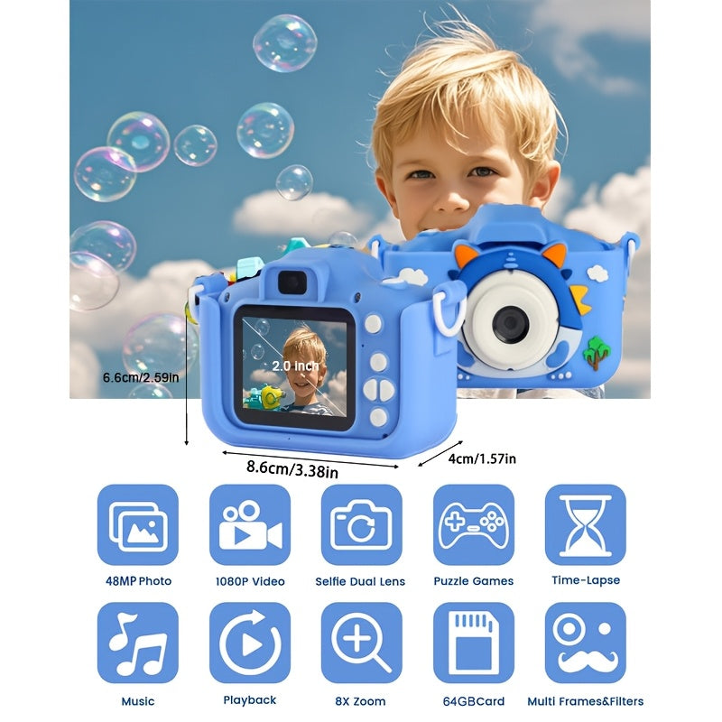 Digitale Kindercamera voor Kinderen vanaf 6 Jaar - HD Fototoestel met Selfiecamera voor Jongens en Meisjes - Inclusief 64GB Geheugenkaart als Perfect Cadeau
