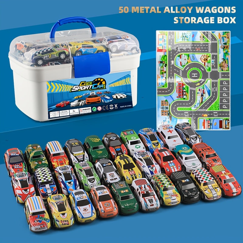 Set van 50 Miniatuur Metalen Auto's met Doos - Wrijving Voertuigen, Diverse Kleuren, Voor Kinderen van 3 tot 6 Jaar